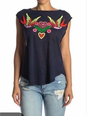 Free People Embroidered Navy Cap-Sleeve Women's Top